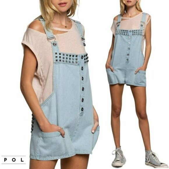 NWT POL Denim Studded Overall Side Pockets Shorts - Picture 1 of 11